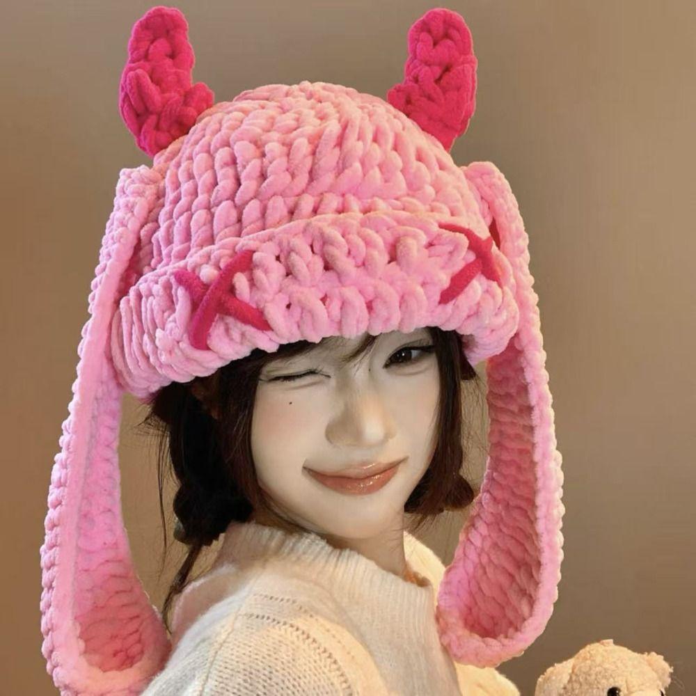 Soft Warm Little Devil Long Ears Cap Elastic Knit Warm Windproof Cap Cold Weather Wear