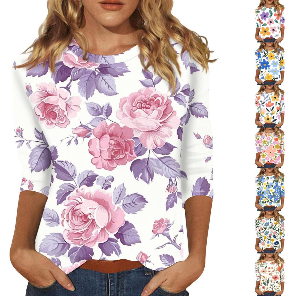 Women's Fashion Casual Round Neck Printed 3/4 T-shirt Top