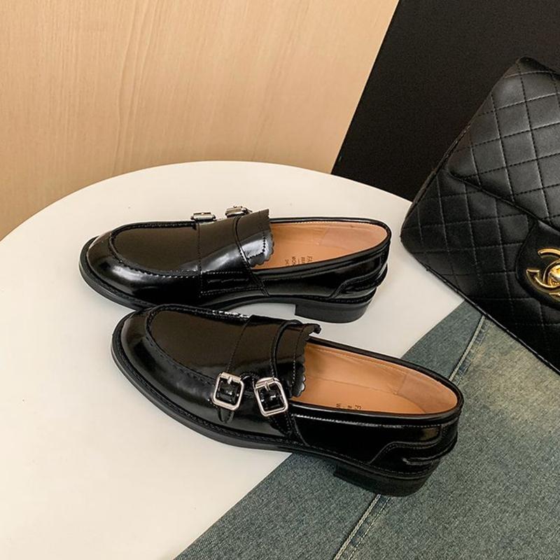 Fashion Women's new leather cowhide round toe mid heel metal belt buckle college style single shoe retro casual shoes