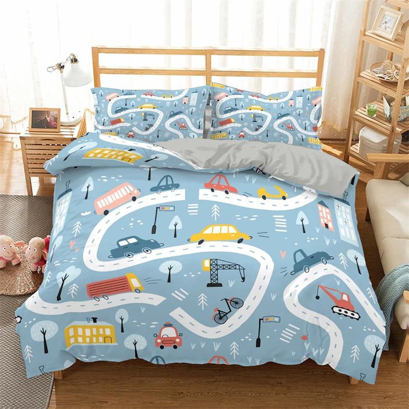 Coleções de Roupa de Cama de Trem de Desenho Animado 23 Peças Capa de Edredom Carro de Brinquedo Caminhão Capa de Colcha Macia Tamanho Solteiro Queen King Capa de Edredom de Poliéster