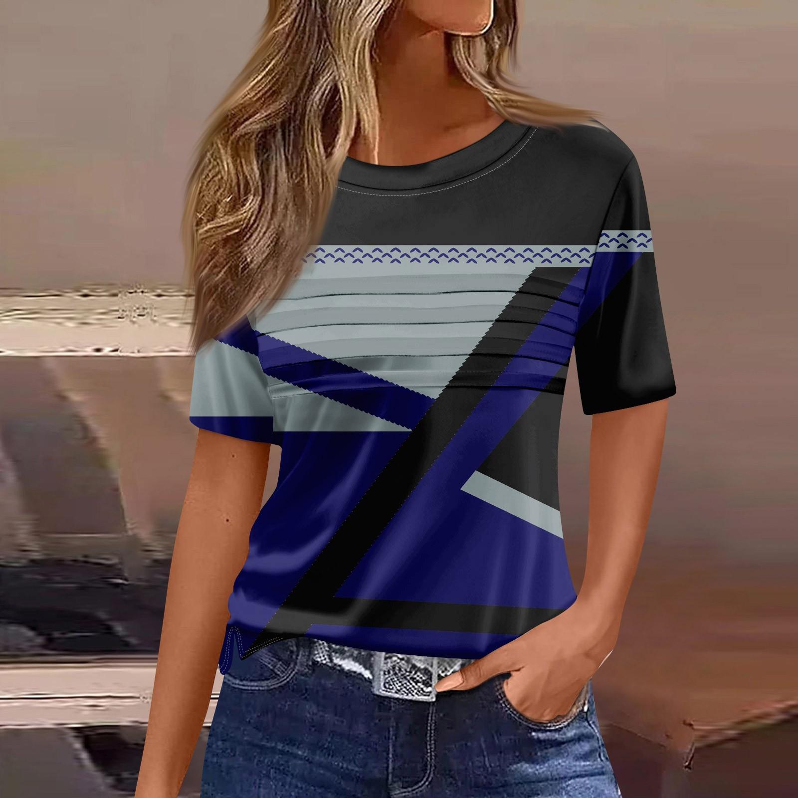 

Женская плиссированная футболка с круглым вырезом и полосатым принтом, короткий рукав, топ с разрезом по низу XL небесно-голубой