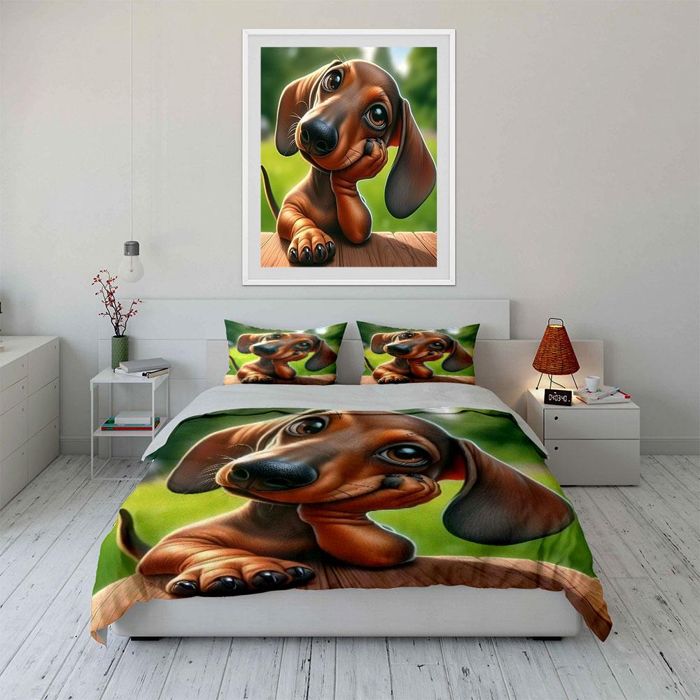 Cute Dachshund With Its Head Hanging Down Pattern Duvet Cover Set Digital Print Colorful Polyester Bedding With Zipper Closur