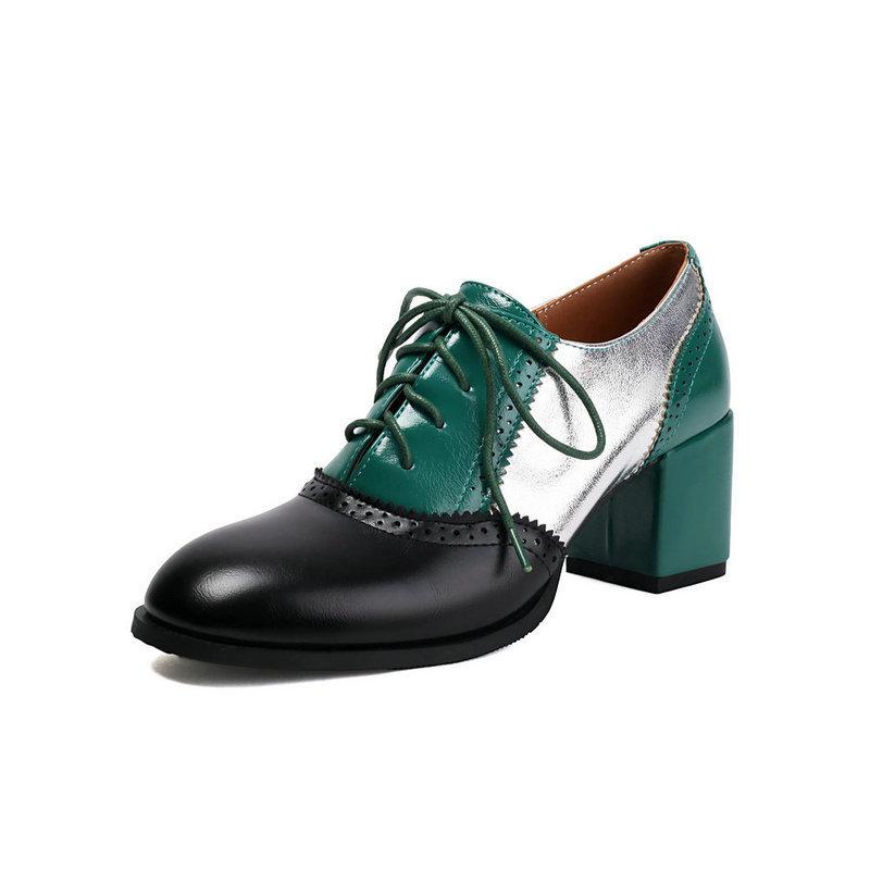Retro britischer Stil Damen Einzelschuhe Farbabstimmung Brock dicker Absatz hoher Absatz Schnürung vorne Freizeitschuhe hoher Absatz Damen Einzelschuhe