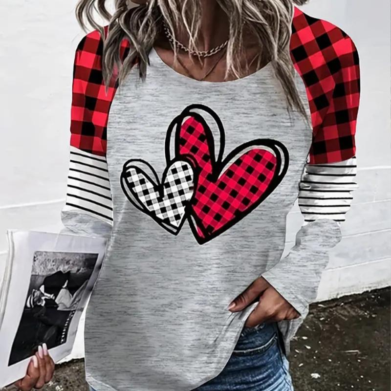 Hauts pour femmes Color Block Love Print T-shirt à manches longues à col rond et à manches longues pour l'automne