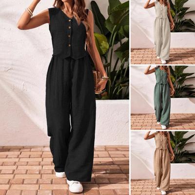Women's Summer Two Piece Outfit Sleeveless V Neck Button Down Vest High