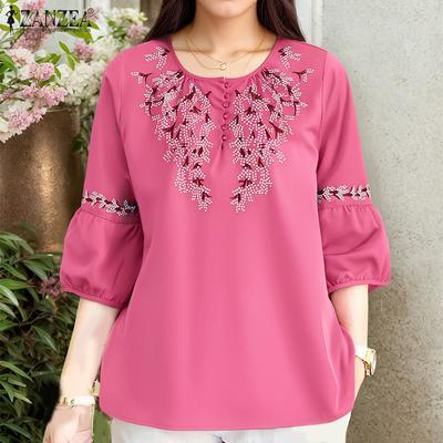 Women Casual Round Neck Long Sleeve Loose Print Blouse