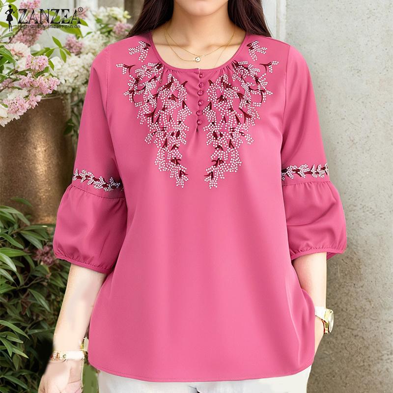 

ZANZEA Women Casual Round Neck Long Sleeve Loose Print Blouse 5XL фіолетовий