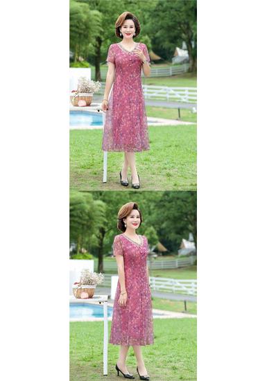 Elegant Summer Floral Dress for Middle-aged Women - Chinese National Style, Short Sleeve Maxi