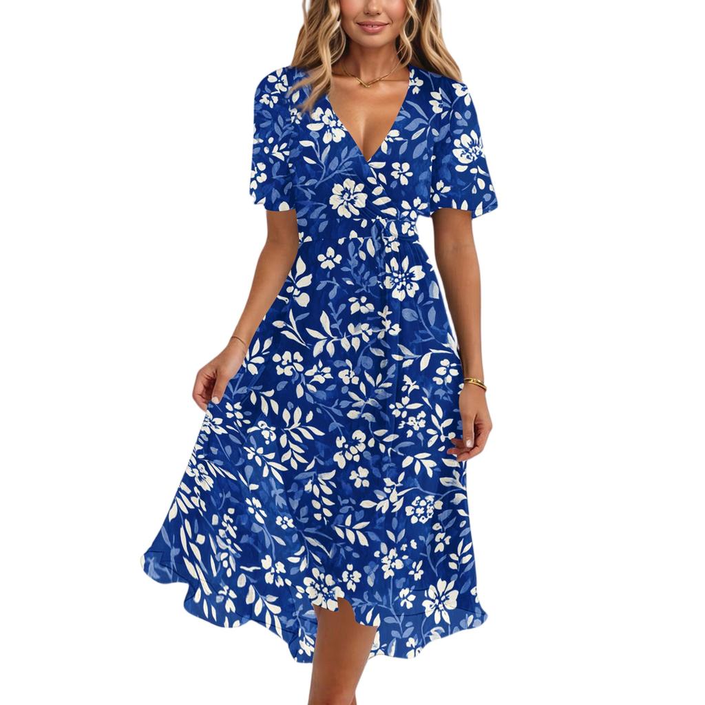 Women's Casual V Neck Short Sleeve Floral Print Dress Lightweight Midi Length Summer Dress with Wrap Style and Flared Hem