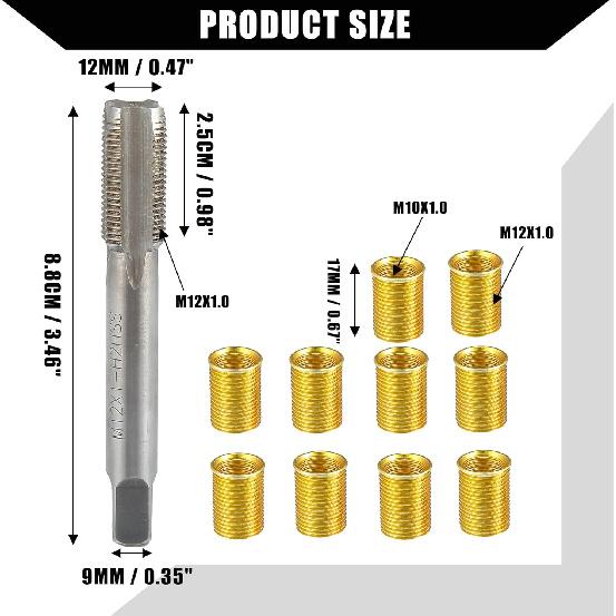 Outer/Universal Spark Plug Thread Repair Tools with M10x1.0 Inner Thread Inserts and M12x1.0 Tap/Durable/Metal / 1 Set Gold Tone
