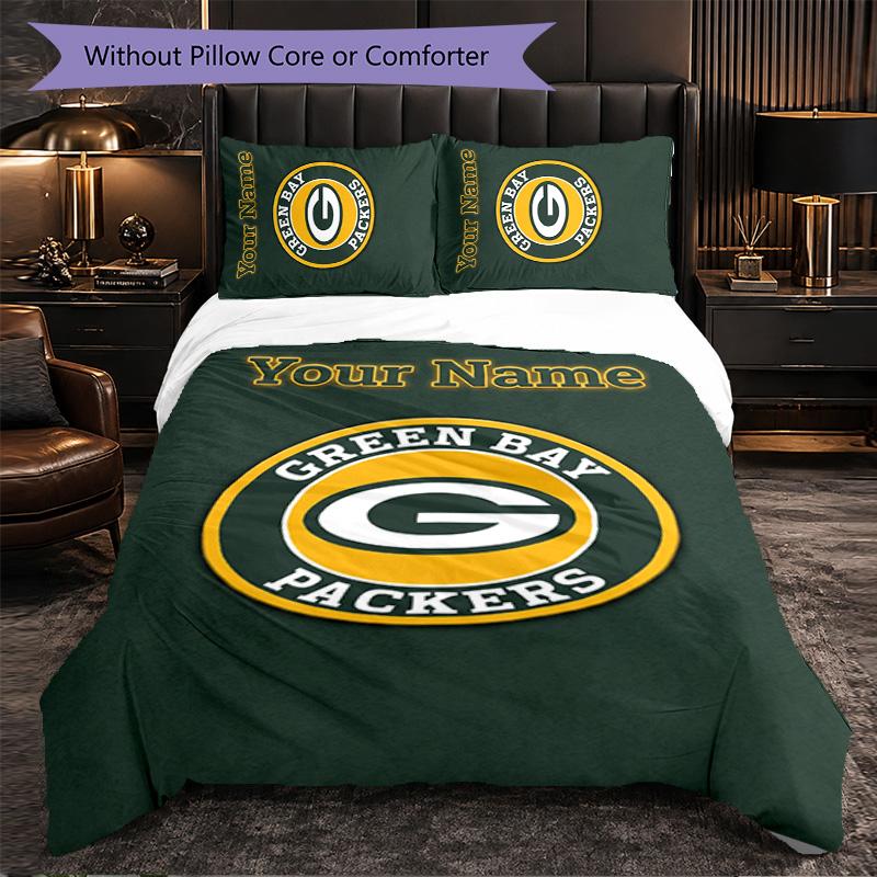 Green Bay Packers Customized Name Text Bedding Set, 1 Duvet Cover & 2 Pillowcases Personalized Bedroom Gift