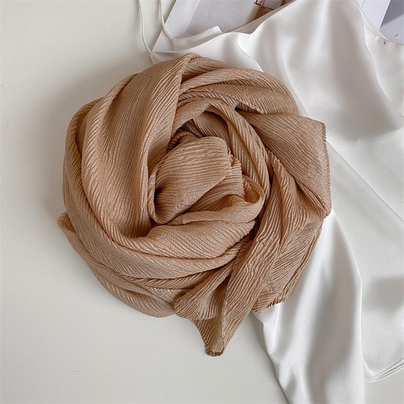Japanese Pleated Solid Color Cotton and Linen Scarf for Women Retro Literary Travel Sun Protection Soft Gauze Shawl Contrasting Edge Scarf