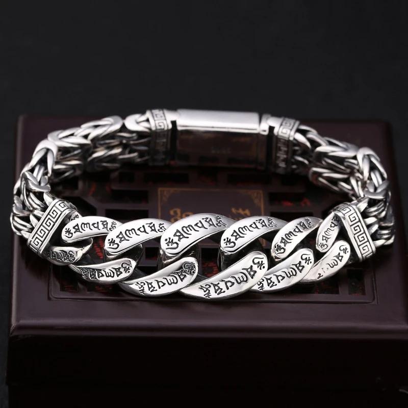 Bracelet tissé Mantra à Six caractères pour hommes, en argent thaïlandais S925, certifié Original, rétro, personnalité dominatrice, chaîne pour hommes