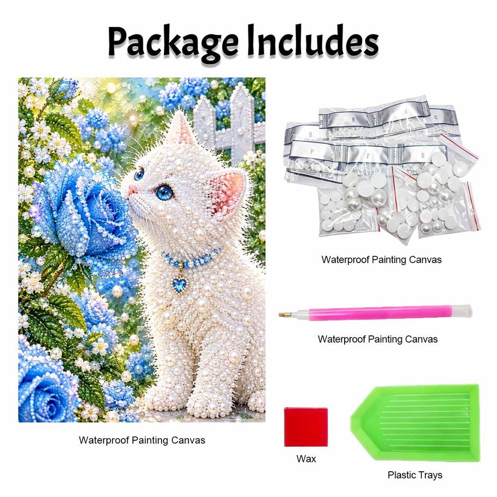 Creative Pearl Art on Stretched Frame Cute White Cat and Blue Rose Pattern DIY Sparkling Bead Canvas Relaxing Handmade Craft Gift for Kids