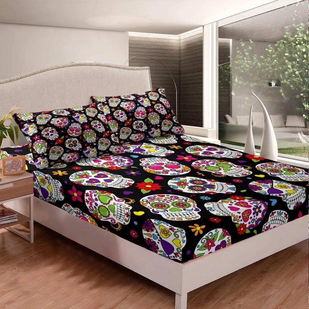 3D Dead Sugar Skull Girl Kissing Skull Home Bed Fitted Sheet Set Soft Microfiber Breathable Bedding All-Round Elastic Pocket