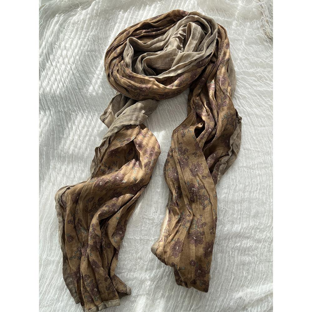 Johnature Floral Edging Scarf Women Retro Japanese Versatile Pleated Shawl Four Seasons Decorative Scarf Women