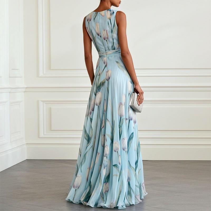 Elegant Floral Print Maxi Dress With Deep V-Neck High Waist Flowy A-Line Skirt Women 2026