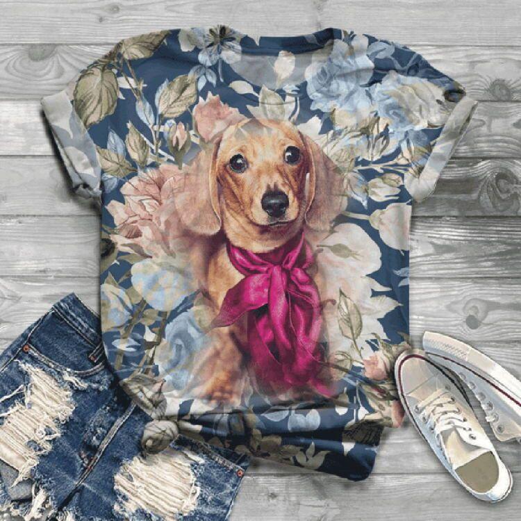 Summer Round Neck 3D Animal Cat Dog Print Top Fashionable Casual Short Sleeved Women's T-shirts