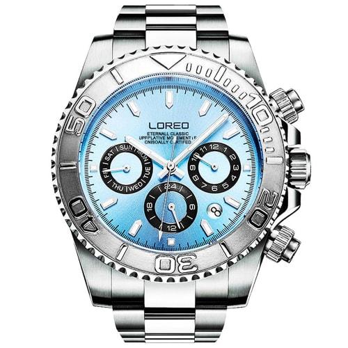 

LOREO Men s Automatic Watch, Silver Stainless Steel with Sapphire Crystal and Ceramic Bezel, Date Display, Military Diving Waterproof Watch, Light Blu
