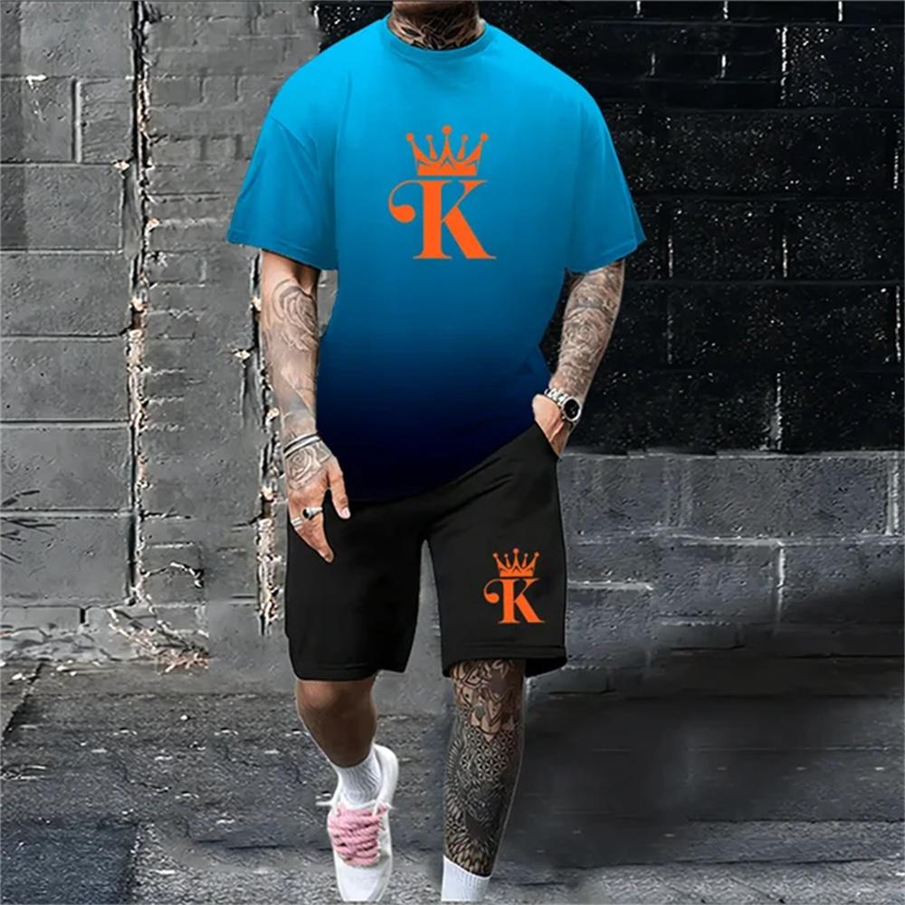 Pánský letní set volného střihu s 3D potiskem písmene K, ležérní a pohodlné tričko s krátkým rukávem a kulatým výstřihem ve stylu y2k