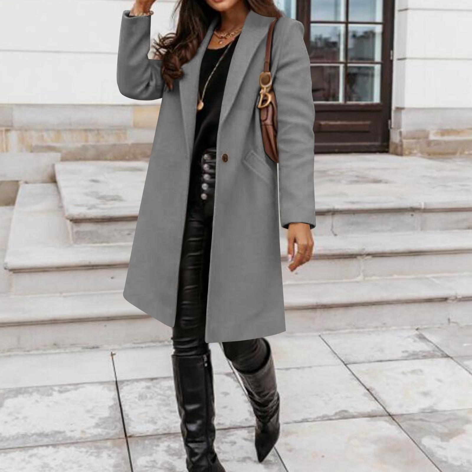 

Women s Fashion Casual Woolen Solid Color Long Coat XL