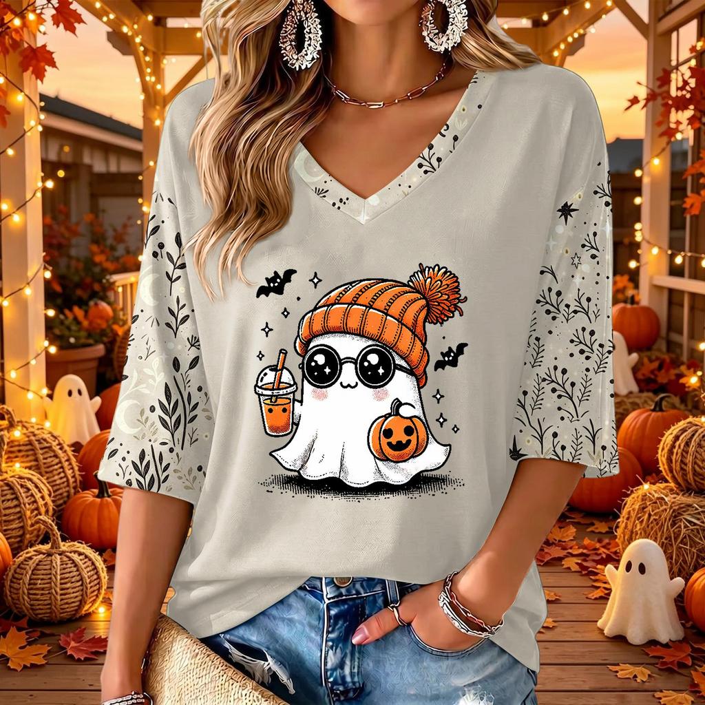 Women's V-Neck Halloween Print 3/4 Sleeve Casual Top