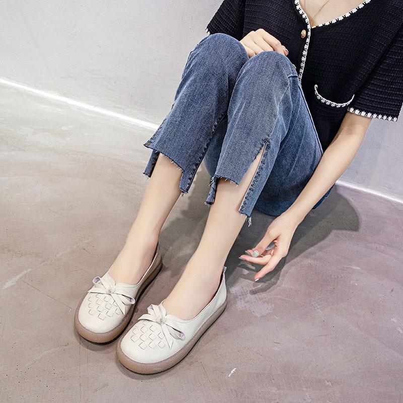 Women's White Cowhide Leather Casual Shoes - Spring/Summer 2025, Soft Jelly Sole, Flat Design