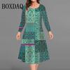Vintage Flowers Pattern Dresses For Women Autumn Fashion Plus Size 3D Print Long Sleeve Dress Casual Female Loose Clothing