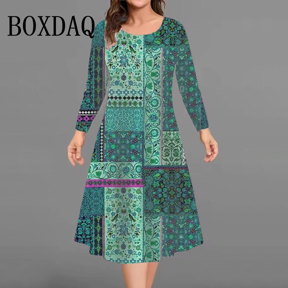 Vintage Flowers Pattern Dresses For Women Autumn Fashion Plus Size 3D Print Long Sleeve Dress Casual Female Loose Clothing