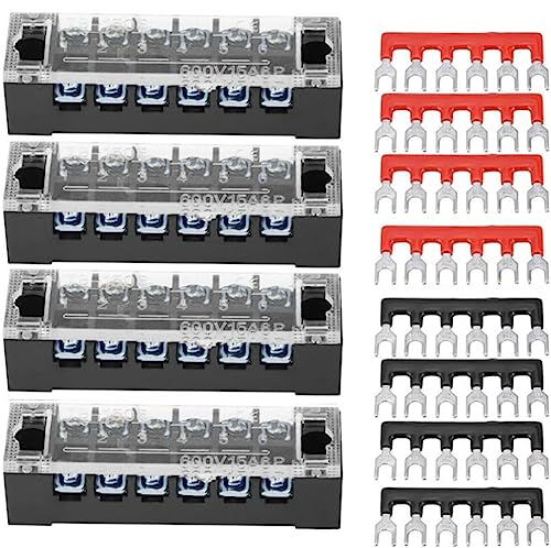 YFFSFDC Fixed Terminal Block, 600V, 15A, 6 Poles, Screw Terminal Block, 2 Color Insulated Crimp Terminal Set Included