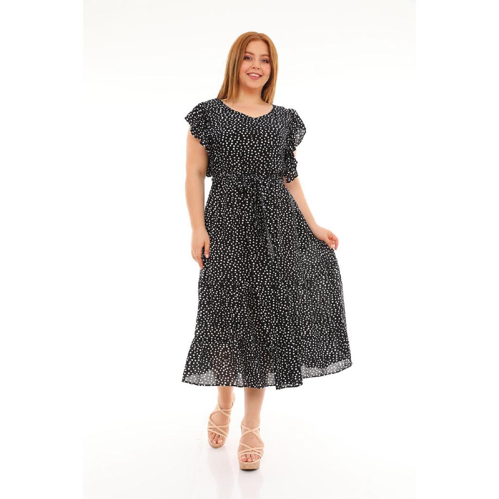 Flounce Sleeves Crew Neck Belted Floral Patterned Long Viscose Dress