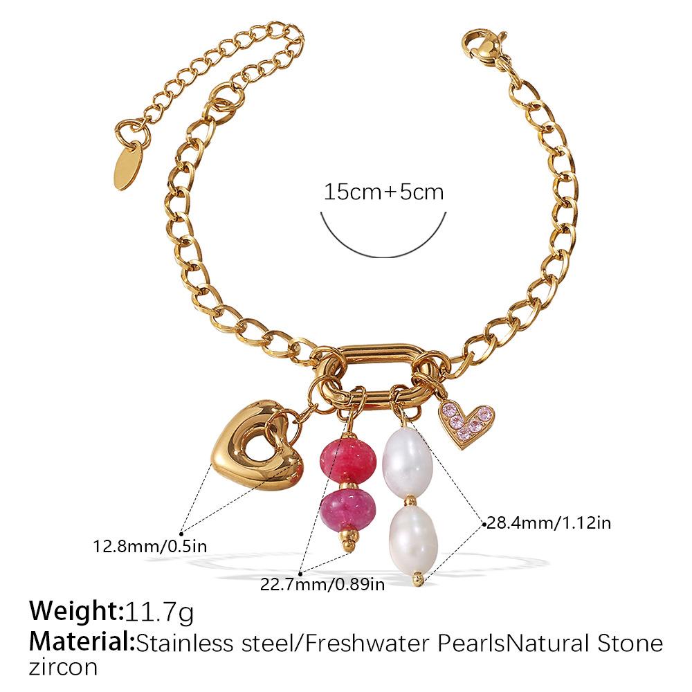 Personalized Natural Stone Pearl Love Hollow Bracelet Versatile Oil Drop Red Pepper Stainless Steel Croissant Bracelet