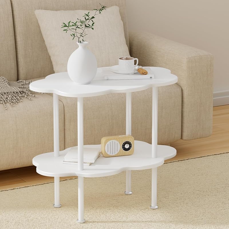 Couchtisch mit unterer Ablage, Mid-Century Modern Beistelltisch Weiß Sofa Beistelltisch, Blumenförmige Nachttische Nachttisch für Wohnzimmer, Schlafzimmer,