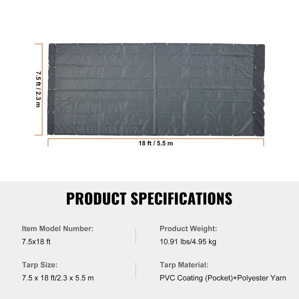 Dump Truck Mesh Tarp, 7.5x18 ft, PVC Coated Black Heavy Duty Cover with 5.5" 18oz Double Pocket, Brass Grommets, Reinforced Double Needle Stitch
