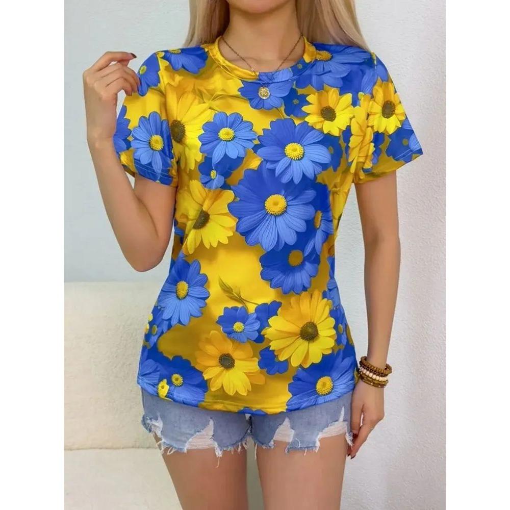 3D printed pattern T-shirt, summer and spring short sleeved round neck casual top, women's clothing