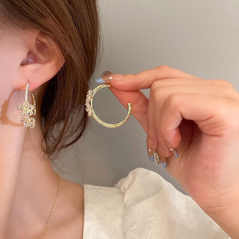 Gold Plated Silver Earrings with Inlaid Diamond Flower Design - Fresh Cool Style Hoops