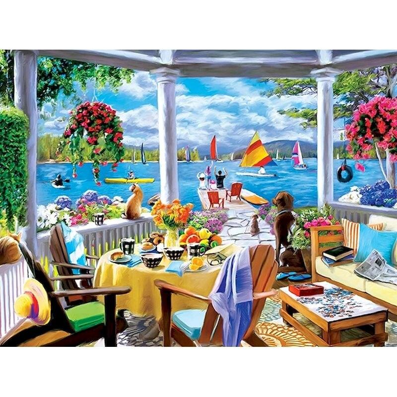 Diamant-Stickerei, Gebäude, Landschaft, Kreuzstich-Set, komplettes rundes Diamantgemälde, Mosaik, Heimdekoration
