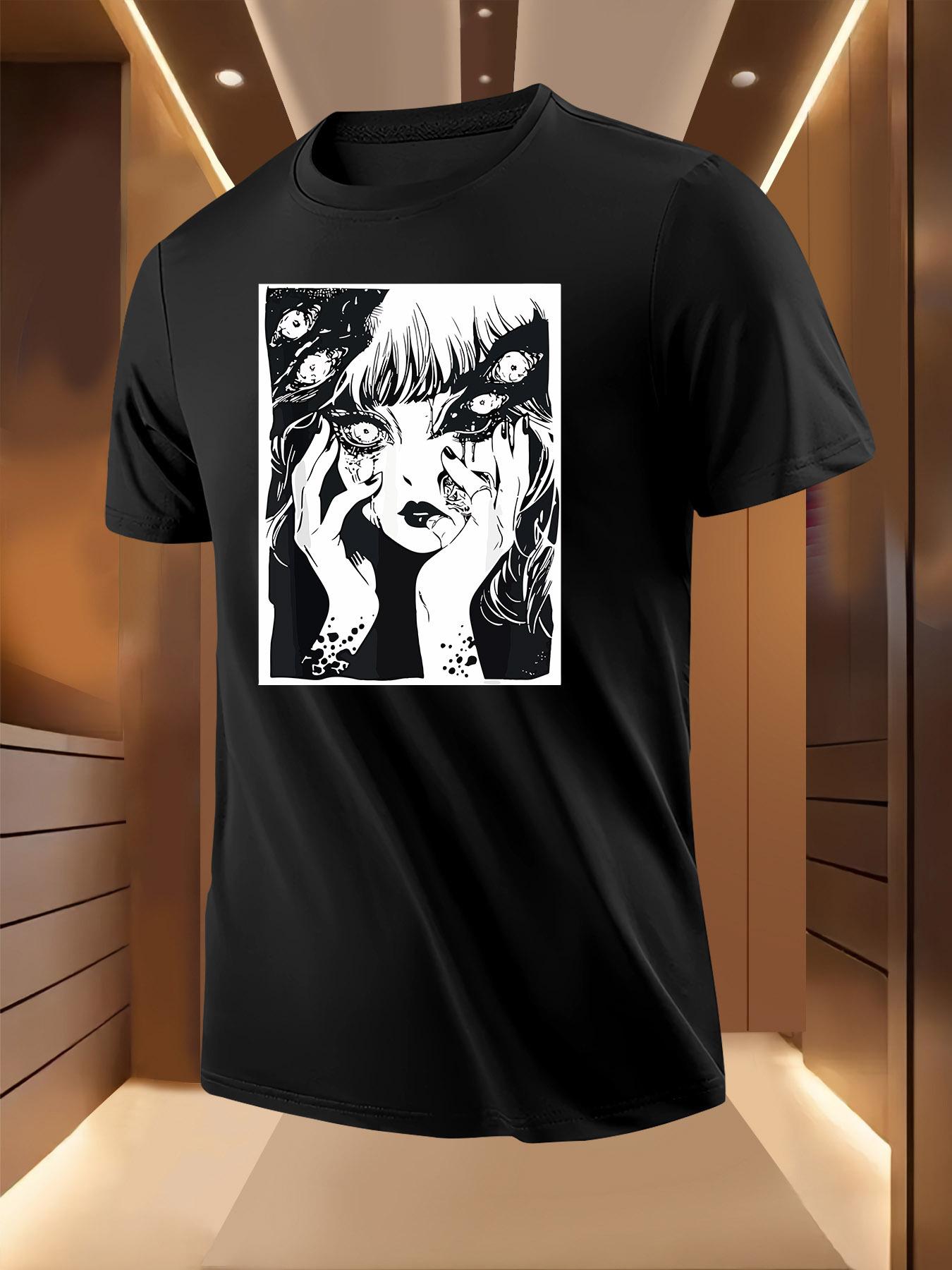 Graphic Tshirt with Weird Eyes Long Hair Girl Manga Print L