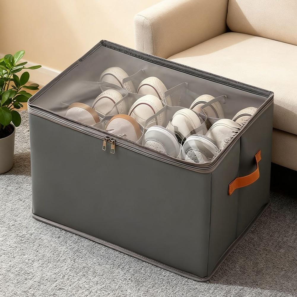 Storage Box with Lid for Footwear Foldable with 12 Grid Sections Clear Window for Easy Identification Made with Oxford Fabric