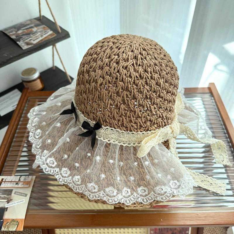 Fashion Lace Mesh Stitching Travel Ins Sweet Bucket Hat Vacation Straw Bow Straw Hat