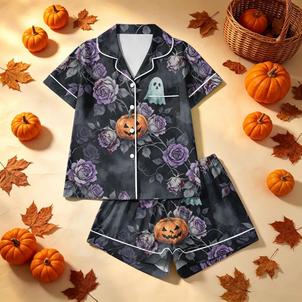 Women's Halloween Printed Pajama Two-Piece Set - Comfortable Sleepwear for Home & Sleep