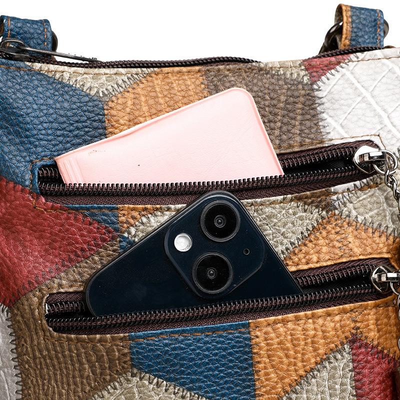 Vintage PU Leather Shoulder Crossbody Top Handle Bag Middle Aged Women Plaid Color Block Fringe Tassel Mummy Handbag