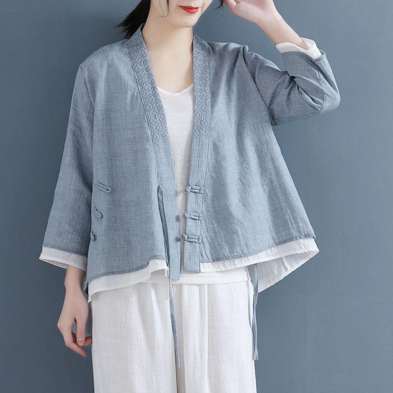 Women's Vintage Chinese Style Blouse Embroidered Loose Fit Asymmetrical Button Down Shirt Chic Spring Summer Top KK132