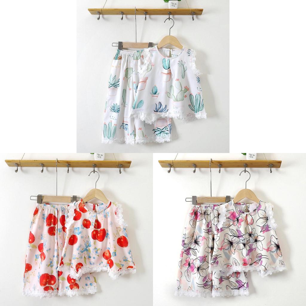 Summer Girl Sleepwear Set With Lace Trim Short Pants Cotton Silk For Kids