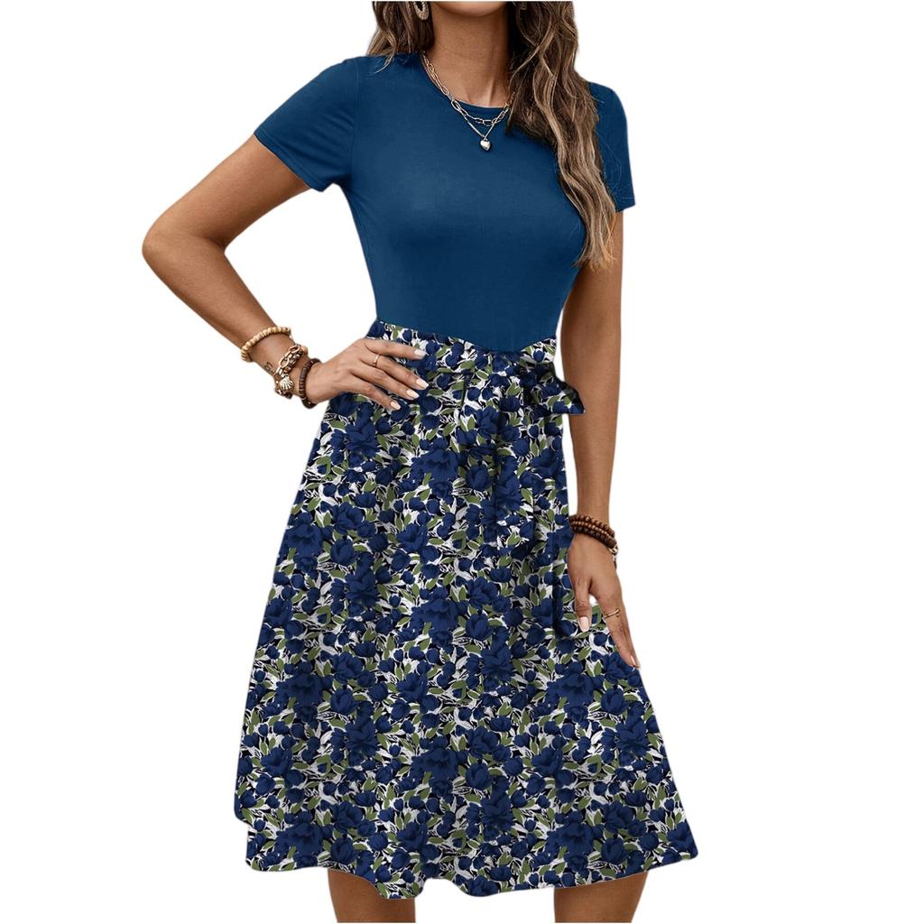 Women's Fashionable Retro Patterned Printing Color Blocked Belt Casual Dress