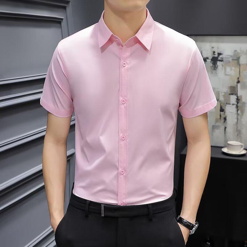 

2024 Мужская однотонная летняя рубашка с короткими рукавами в деловом стиле, дышащая XL розовый
