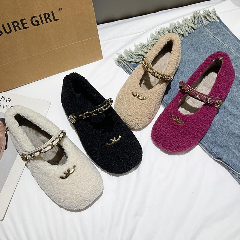 Fashion Aphixta Metal Chain Dec Slip On Flats Soft Fleeces Shoe Shallow Furry Flat With Women Loafers  Slip On Warm Winter Casual Shoes