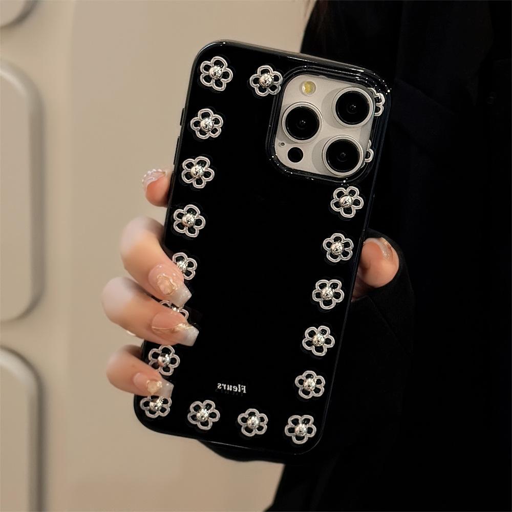 Three dimensional Silver Bead Flowers Suitable for 14promax Apple 16 Mobile Phone Case IPhone 13 Hanging Chain 11 Metal Wind 12 Soft