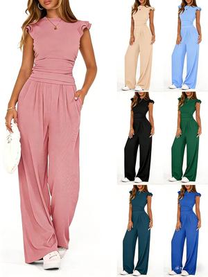 Women's 2026 Summer Solid Color Two-Piece Set with Ruffle Wide-Leg Pants