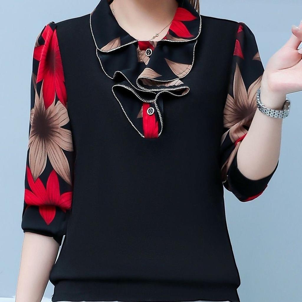 M-5XL primavera otoño nueva camisa con cuello tipo Polo para mujer moda mamá blusa de manga larga Camiseta holgada con estampado